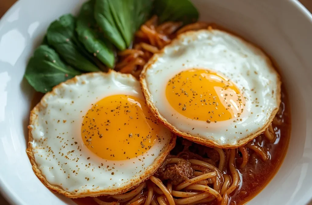Gochujang Beef Noodles with Crispy Fried Eggs