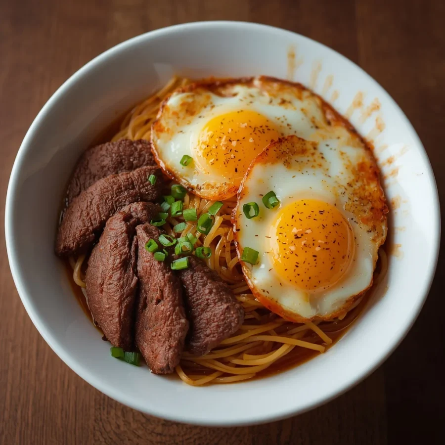 Gochujang Beef Noodles with Crispy Fried Eggs