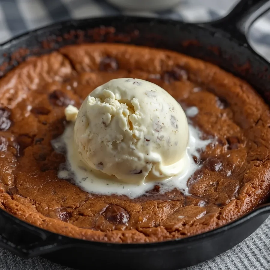 Warm Skillet Cookie (Pizookie) with Vanilla Bean Ice Cream
