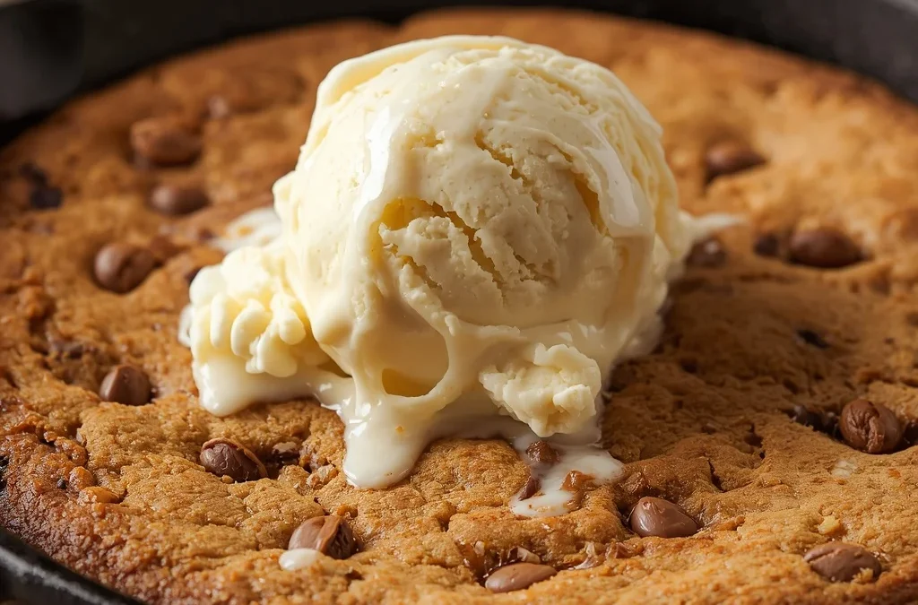 Warm Skillet Cookie (Pizookie) with Vanilla Bean Ice Cream