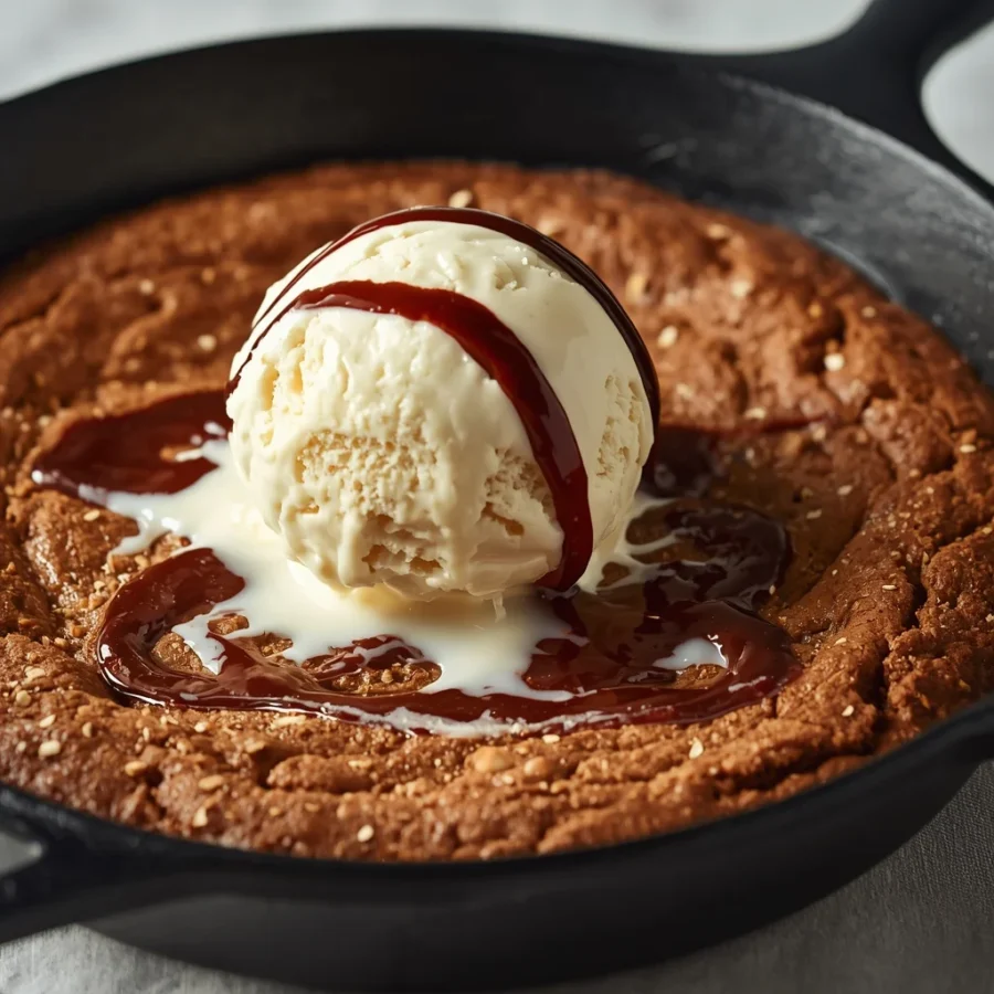 Warm Skillet Cookie (Pizookie) with Vanilla Bean Ice Cream
