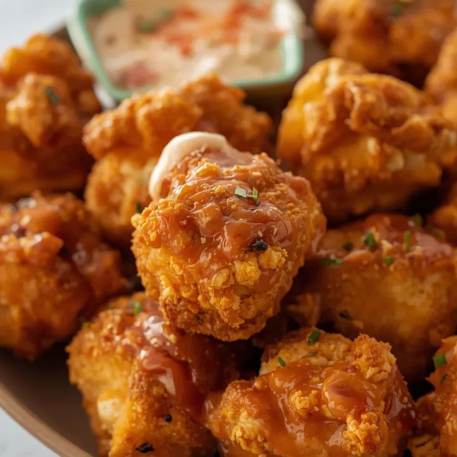 Crunchy Chicken Popcorn Bites with Sriracha Mayo