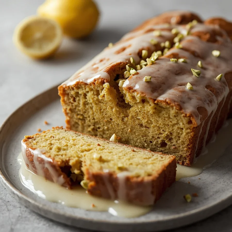 Earl Grey Pistachio Loaf Cake with Lemon Glaze