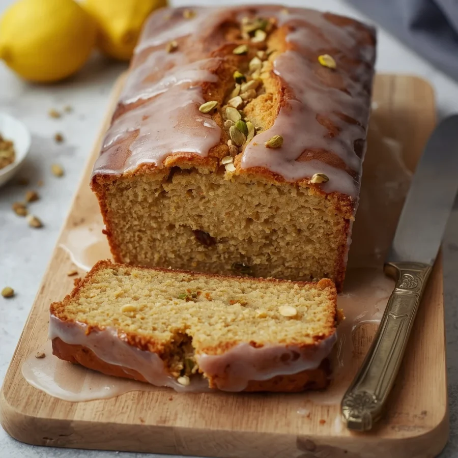 Earl Grey Pistachio Loaf Cake with Lemon Glaze