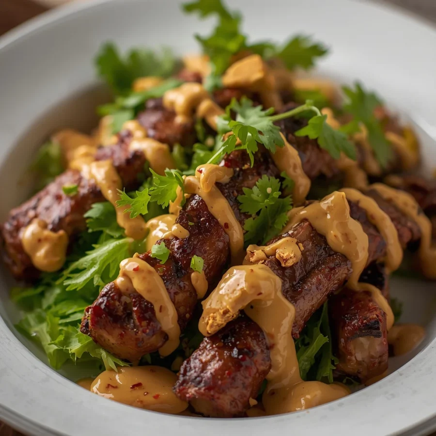 Grilled Halal Lamb Suya Salad with Creamy Peanut Drizzle