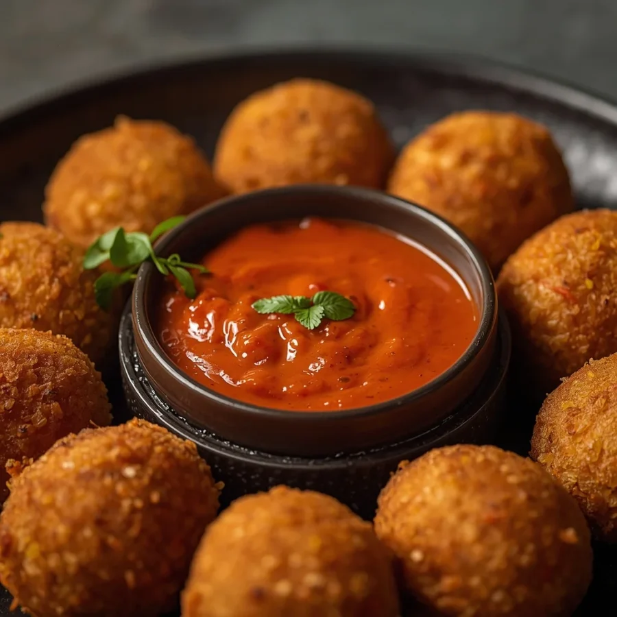 Halal Jollof Rice Arancini with Spicy Tomato Dip