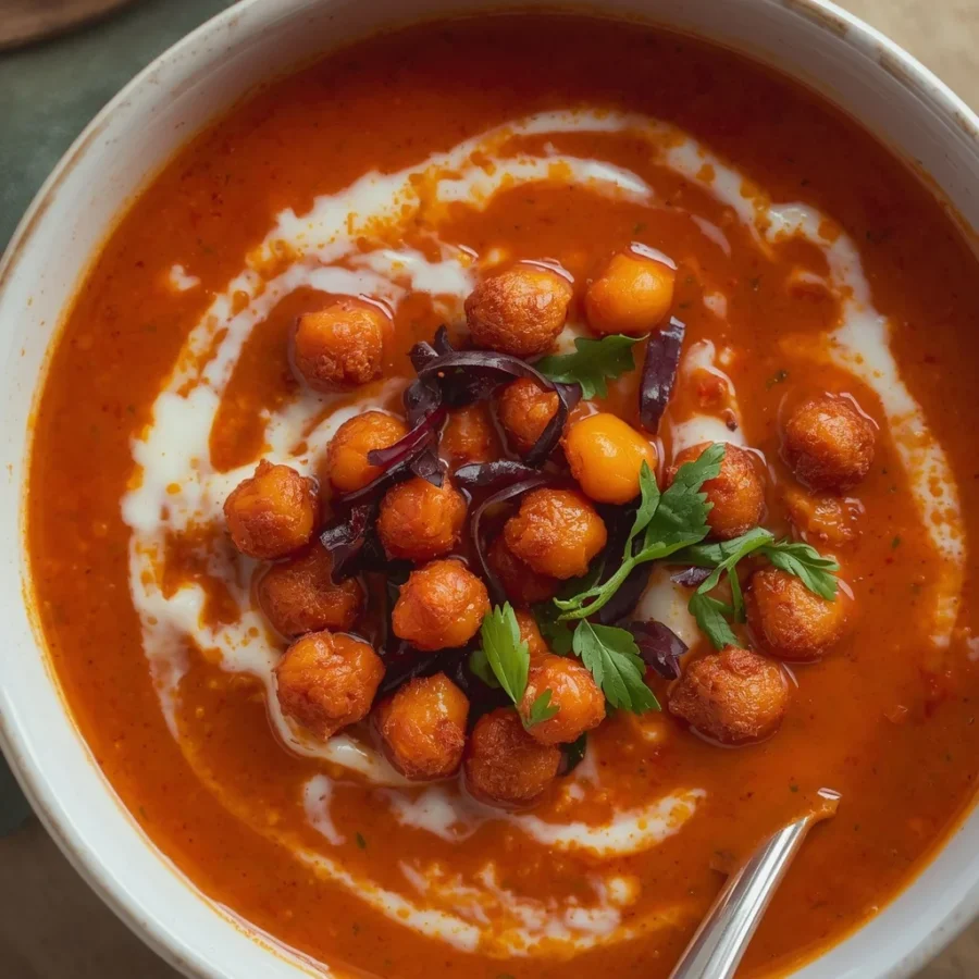Harissa Tomato Soup with Crispy Chickpeas