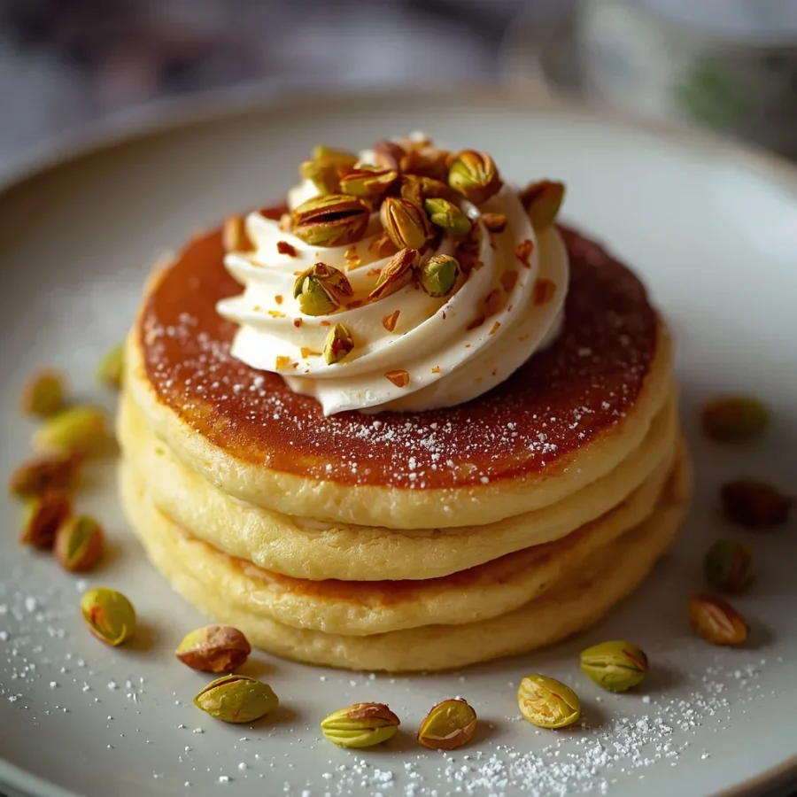 Soufflé Pancakes with Rose Cream & Pistachios