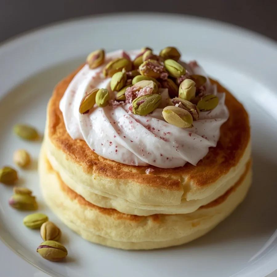 Soufflé Pancakes with Rose Cream & Pistachios