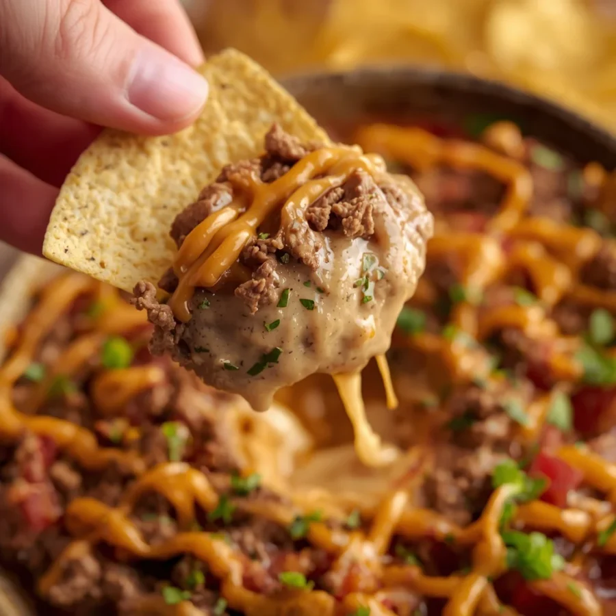 Loaded Halal Beef Queso Dip with Tortilla Chips