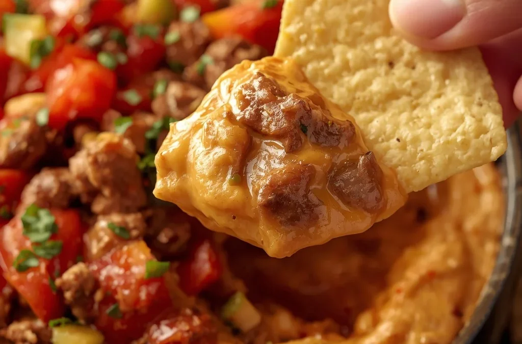 Loaded Halal Beef Queso Dip with Tortilla Chips