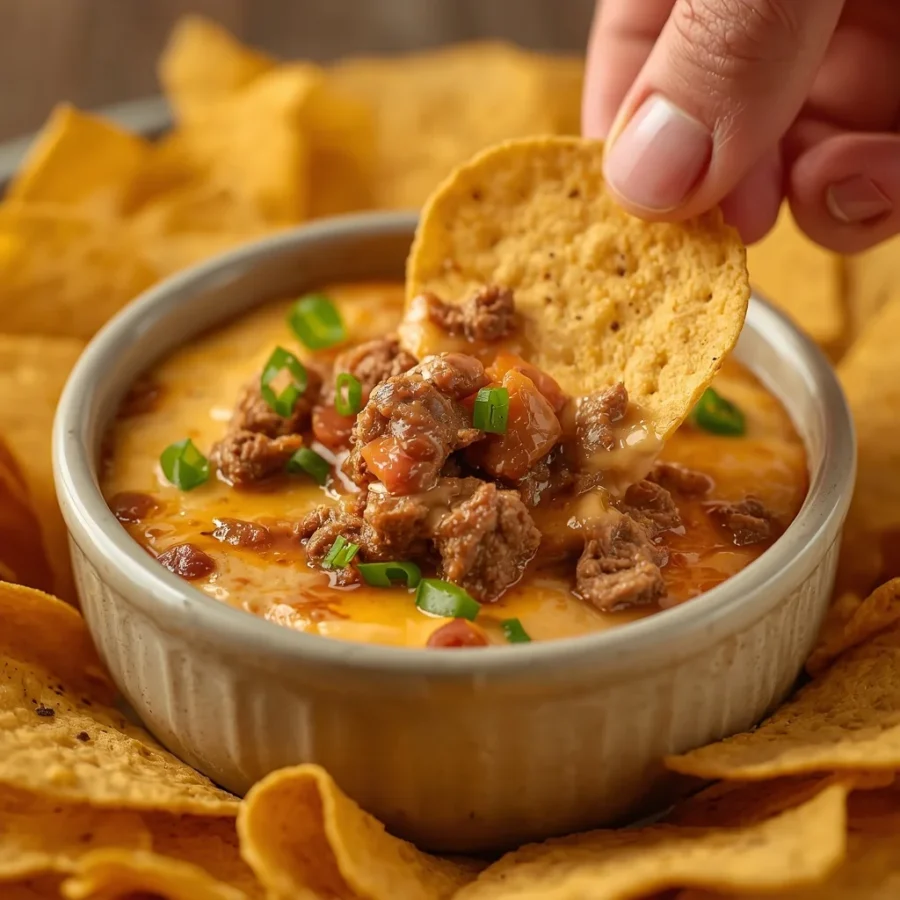 Loaded Halal Beef Queso Dip with Tortilla Chips
