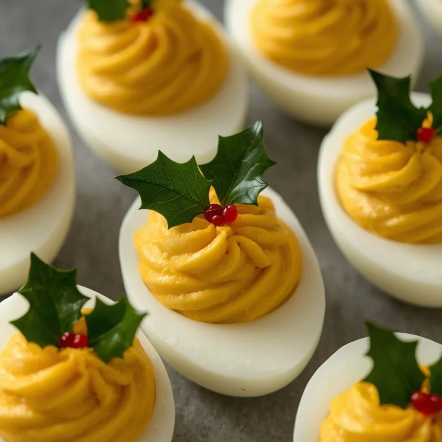 Deviled Eggs with Paprika Holly Leaves