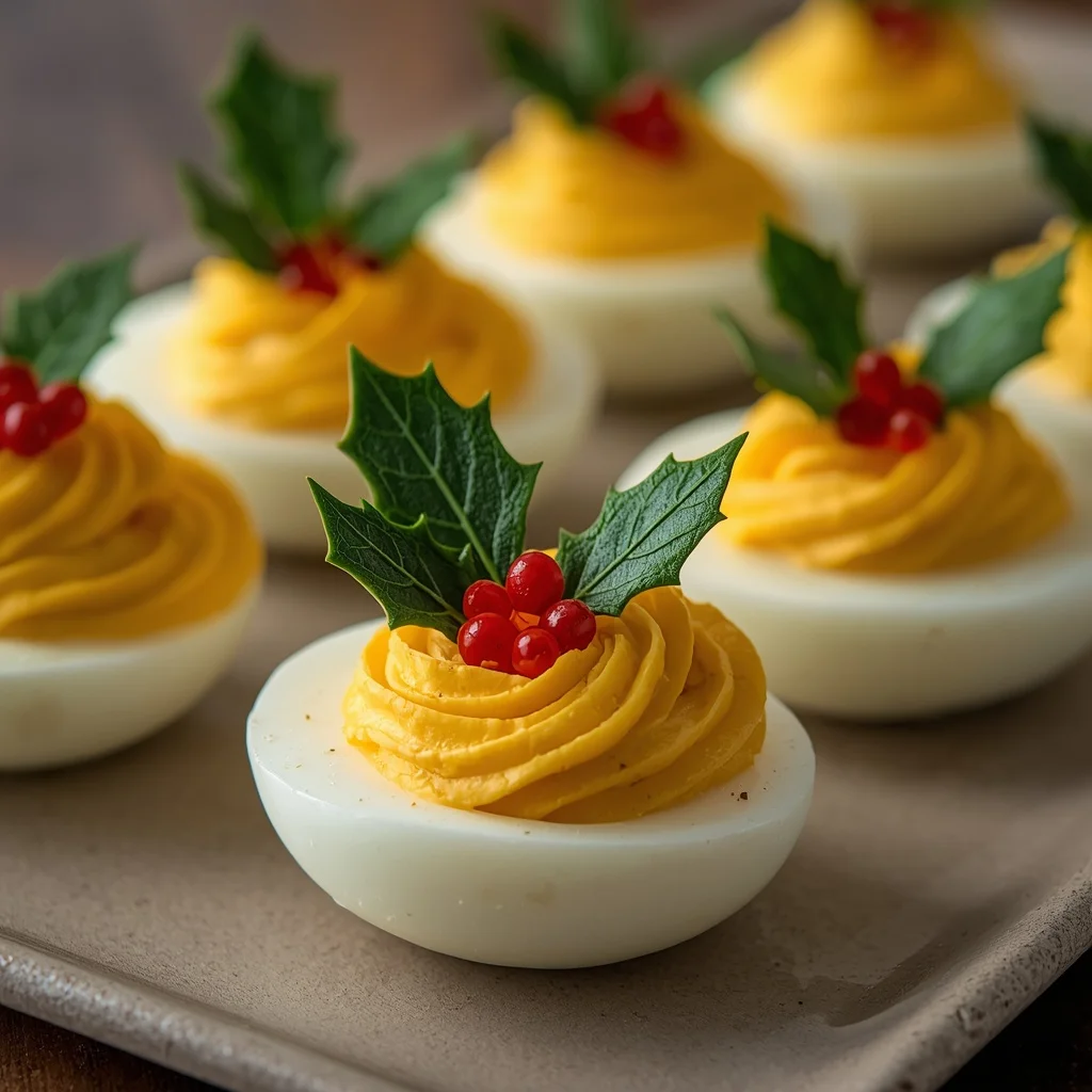 Deviled Eggs with Paprika Holly Leaves