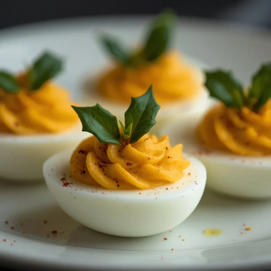 Deviled Eggs with Paprika Holly Leaves